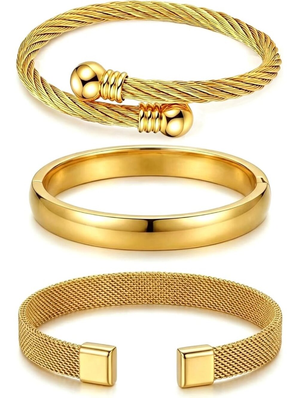 Elegant 3-Piece Waterproof Gold Bracelet Set for Women - Adjustable Cuff Design